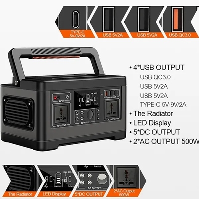 แบตเตอรี่โรงไฟฟ้ากลางแจ้งพกพาขนาดใหญ่ 500W 520Wh